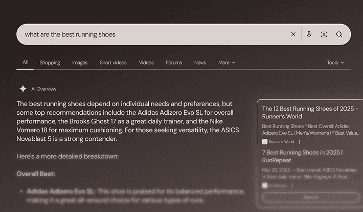 Search results page showing an AI-generated answer (AI Overview) to the query 'what are the best running shoes,' listing recommendations like Adidas Adizero Evo SL, Brooks Ghost 17, and Nike Vomero 18, with traditional web links from Runner's World and RunRepeat displayed alongside.