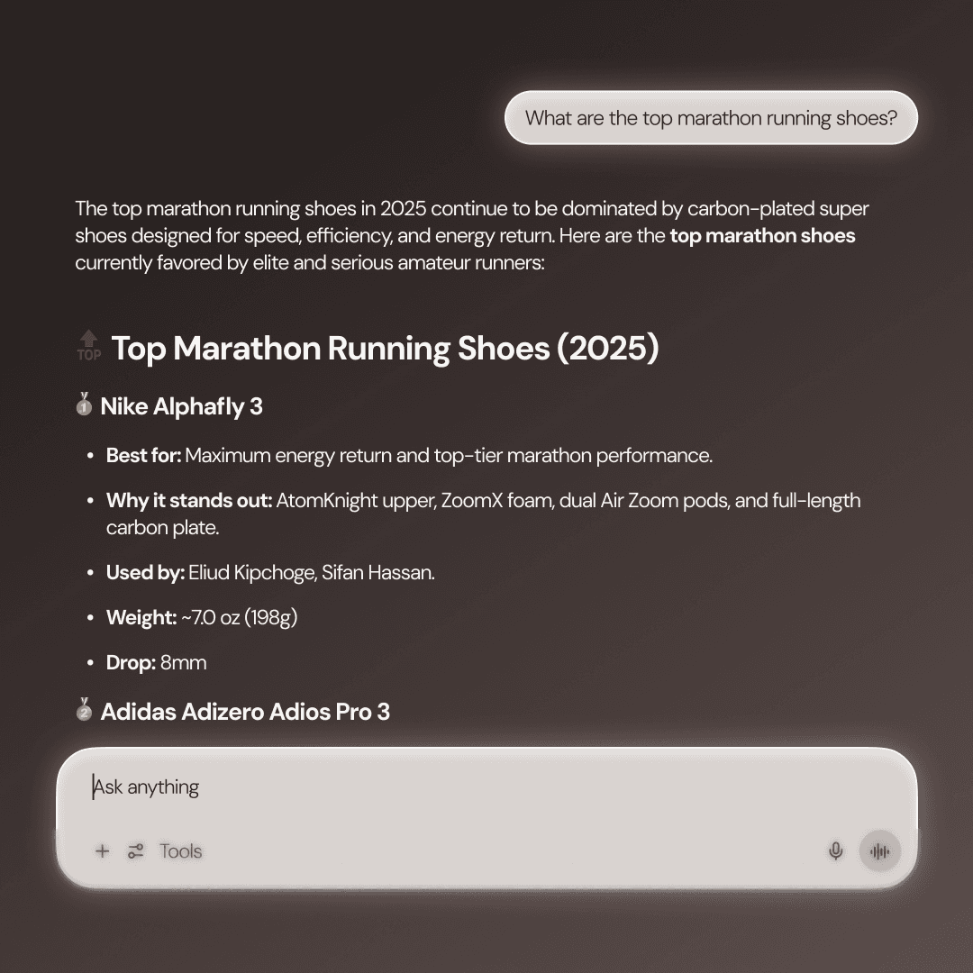 AI-generated answer listing top marathon shoes for 2025, featuring Nike Alphafly 3 and Adidas Adizero Adios Pro 3