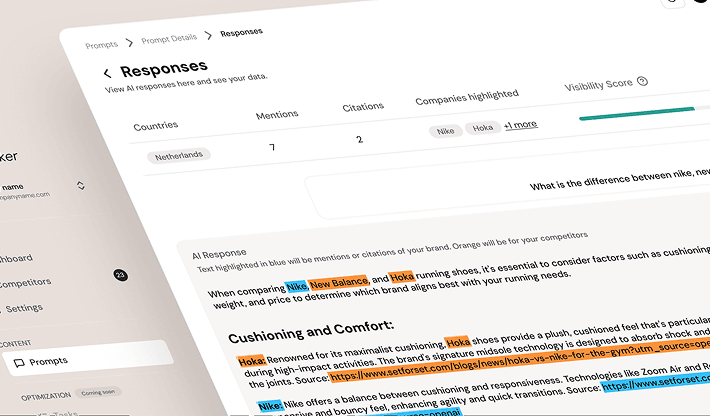 Dashboard view from PromptTracker showing AI response analysis, including mentions and citations of brands like Nike, New Balance, and Hoka in highlighted text, with visibility scores and source URLs displayed.